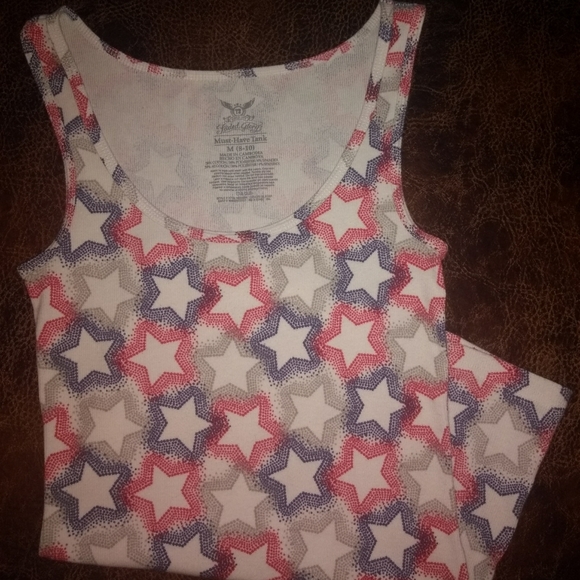 Blue & White Star Print Top With Red Trim V-Neckline